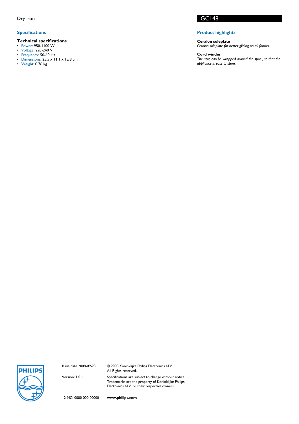 Gci48, Product highlights, Philips | Philips GC148 User Manual | Page 2 / 2