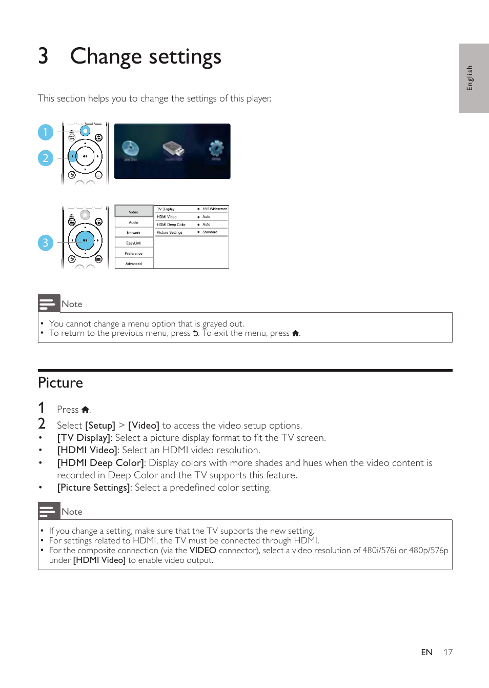 3 change settings, Picture 1 | Philips EN BDP3200 User Manual | Page 17 / 55