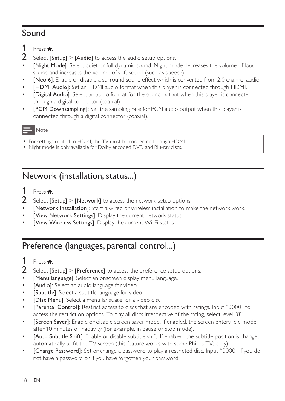 Sound 1, Network (installation, status...) 1, Preference (languages, parental control...) 1 | Philips EN BDP3200 User Manual | Page 18 / 55