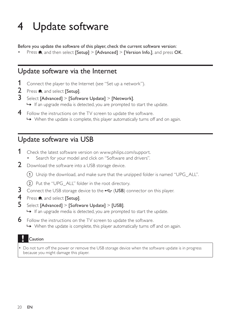 4 update software, Update software via the internet 1, Update software via usb 1 | Philips EN BDP3200 User Manual | Page 20 / 55