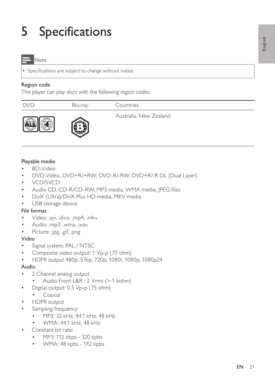 5 specifications | Philips EN BDP3200 User Manual | Page 21 / 55