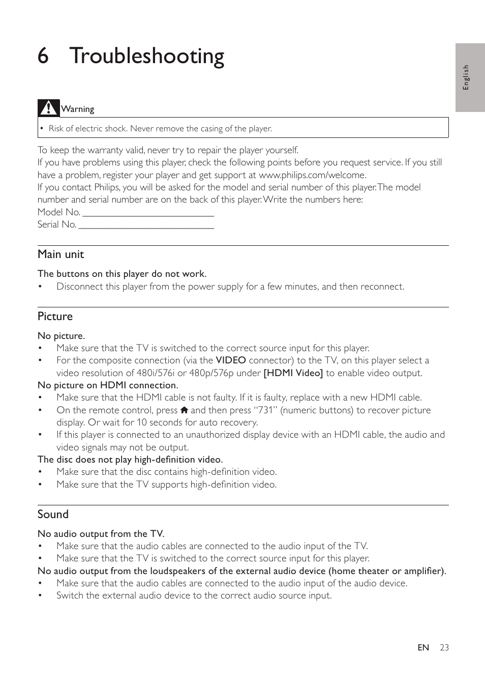 6 troubleshooting, Main unit, Picture | Sound | Philips EN BDP3200 User Manual | Page 23 / 55