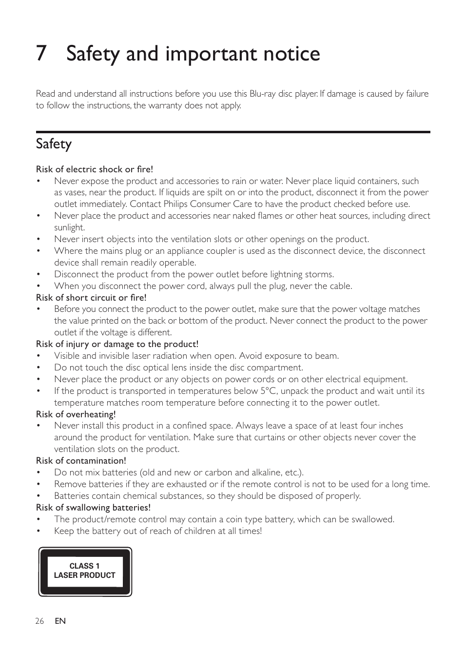 7 safety and important notice, Safety | Philips EN BDP3200 User Manual | Page 26 / 55