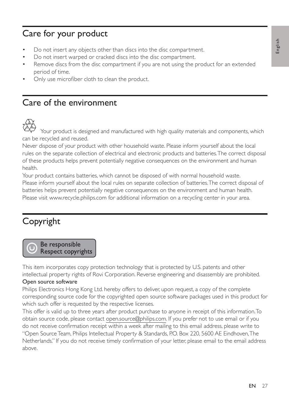 Care for your product, Care of the environment, Copyright | Philips EN BDP3200 User Manual | Page 27 / 55