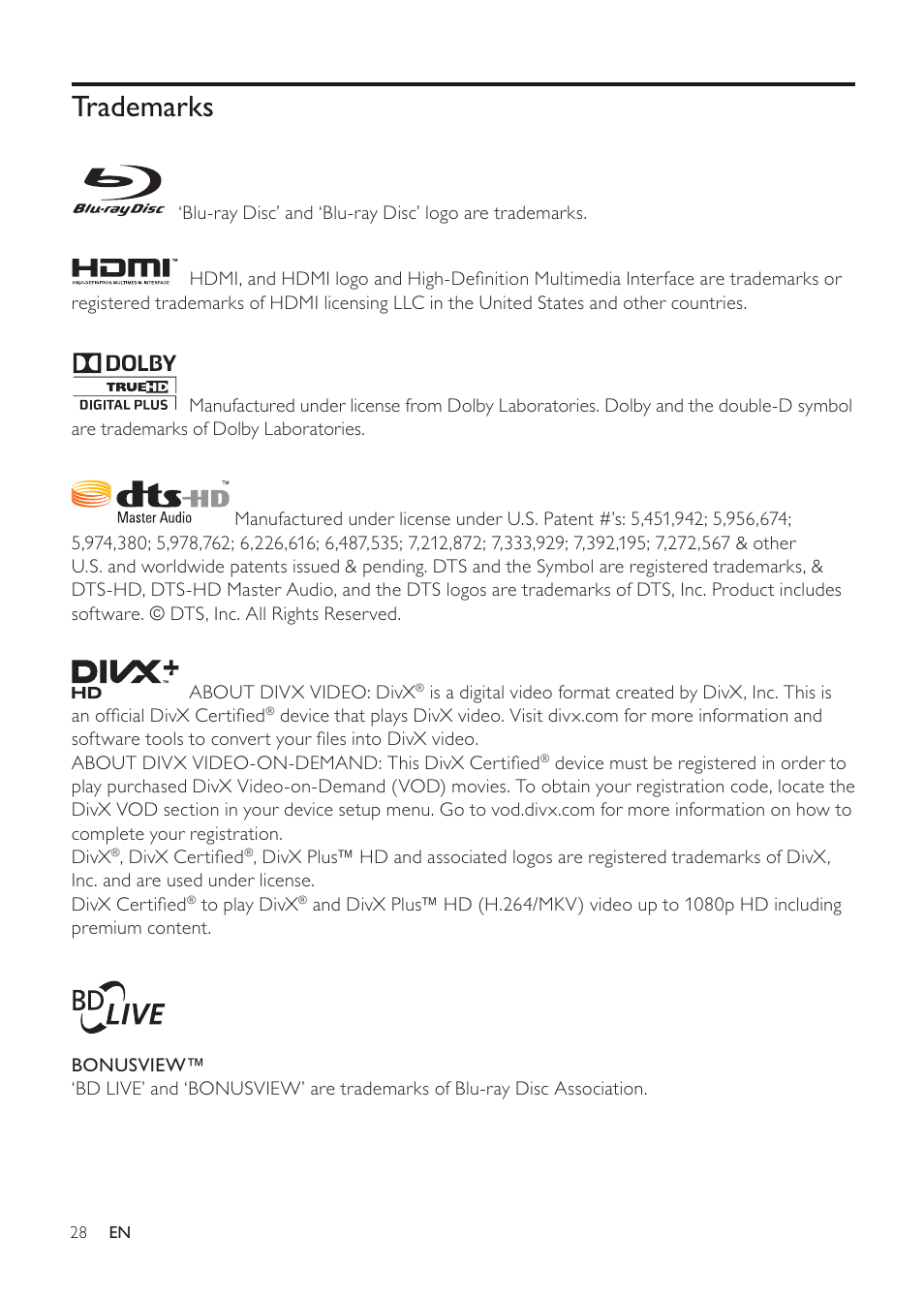 Trademarks | Philips EN BDP3200 User Manual | Page 28 / 55