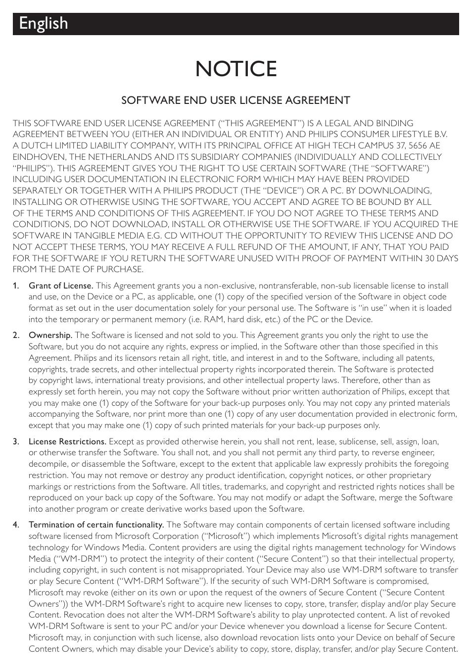 Notice, English, Software end user license agreement | Philips EN BDP3200 User Manual | Page 52 / 55