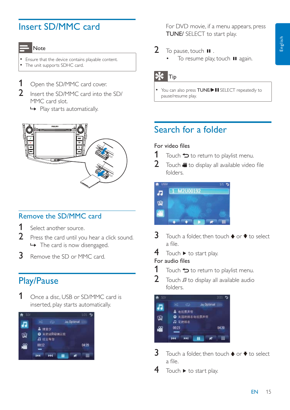 Insert sd/mmc card, Play/pause 1, Search for a folder | Philips CID3685 User Manual | Page 16 / 36