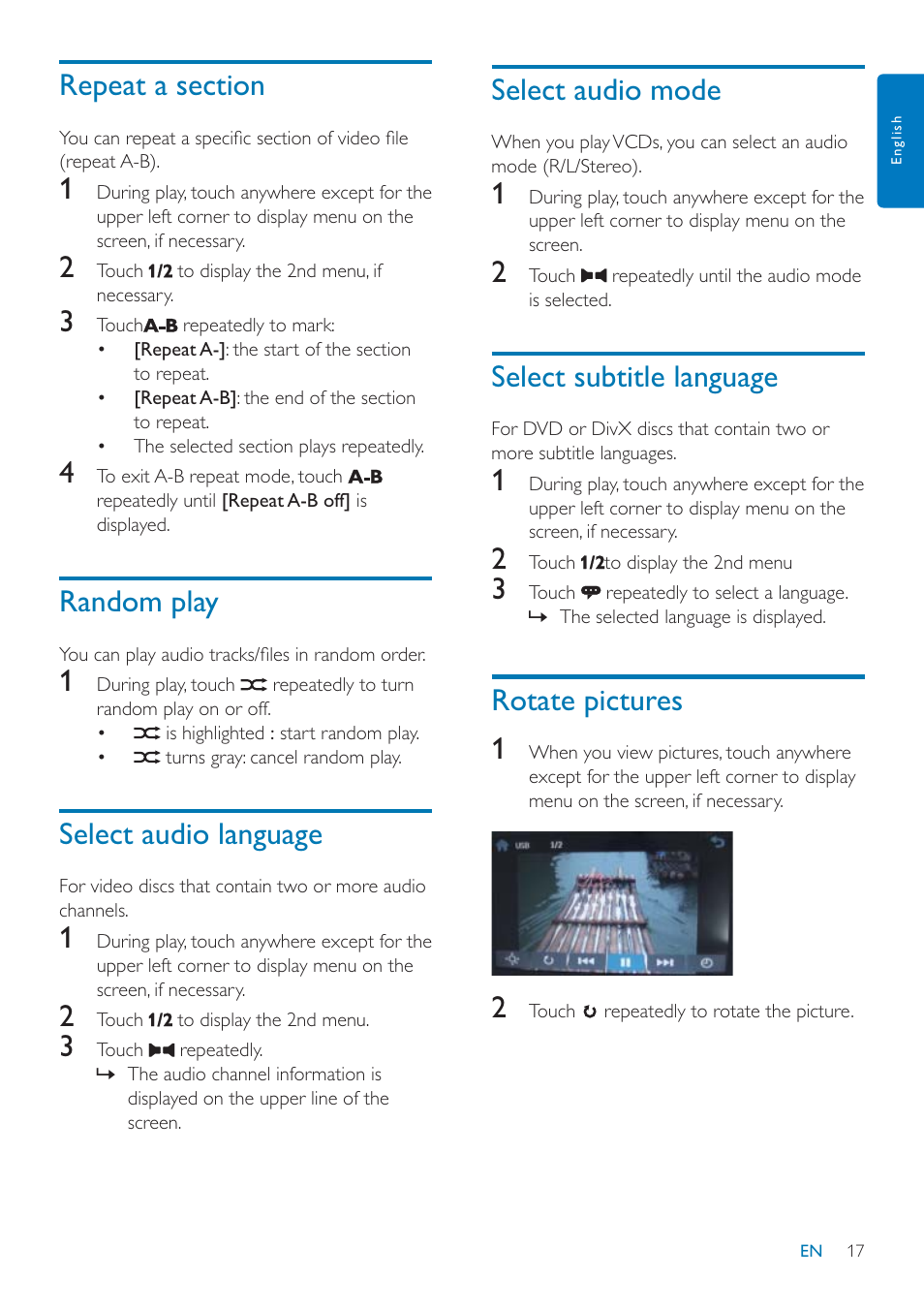Random play, Select audio language, Select audio mode | Select subtitle language, Rotate pictures 1 | Philips CID3685 User Manual | Page 18 / 36