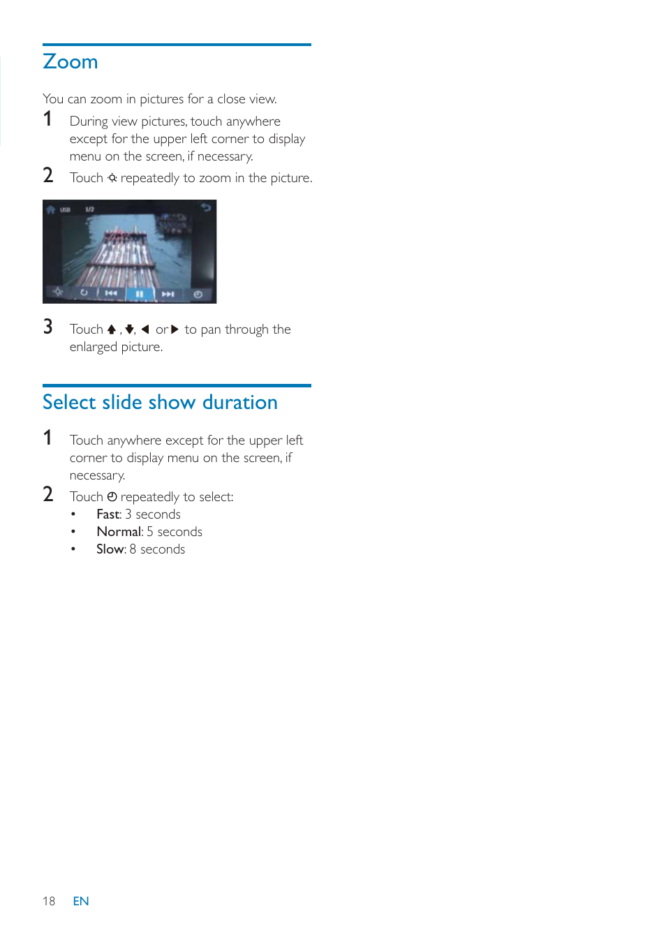 Zoom, Select slide show duration 1 | Philips CID3685 User Manual | Page 19 / 36