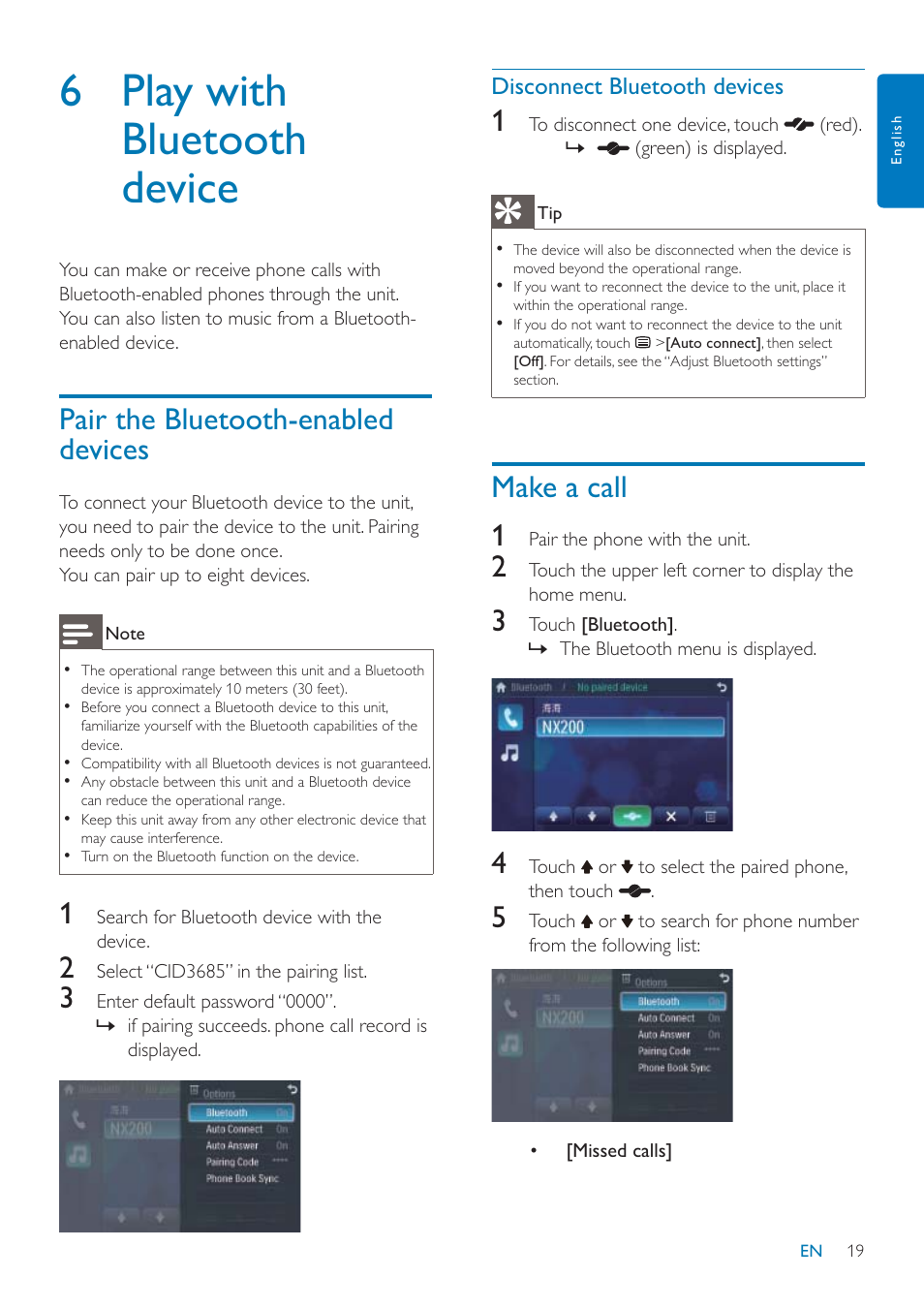 6 play with bluetooth device, Pair the bluetooth-enabled devices, Make a call 1 | Philips CID3685 User Manual | Page 20 / 36