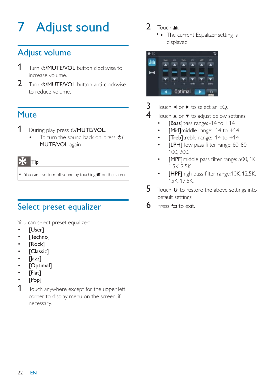 7 adjust sound, Adjust volume 1, Mute 1 | Select preset equalizer | Philips CID3685 User Manual | Page 23 / 36