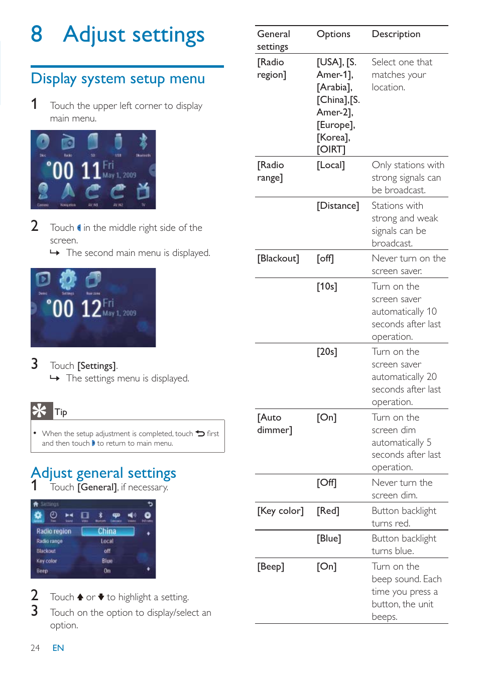 8 adjust settings, Display system setup menu 1, Adjust general settings 1 | Philips CID3685 User Manual | Page 25 / 36