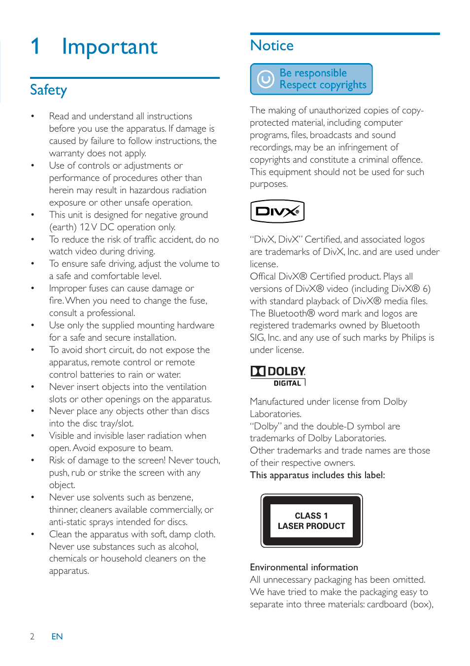 1 important, Safety, Notice | Philips CID3685 User Manual | Page 3 / 36