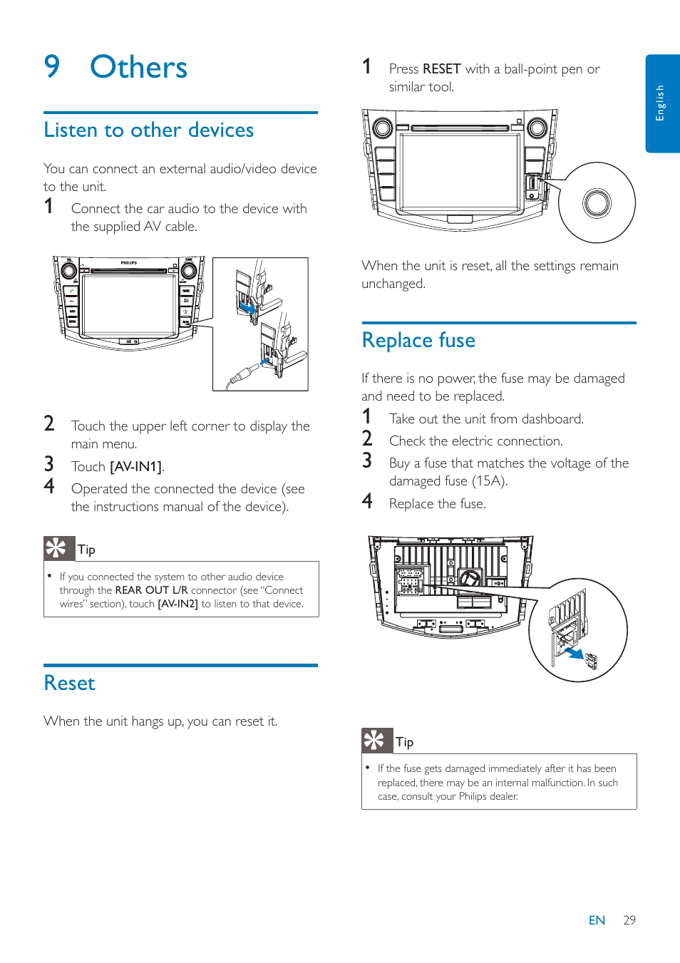 9 others, Replace fuse, Listen to other devices | Reset | Philips CID3685 User Manual | Page 30 / 36