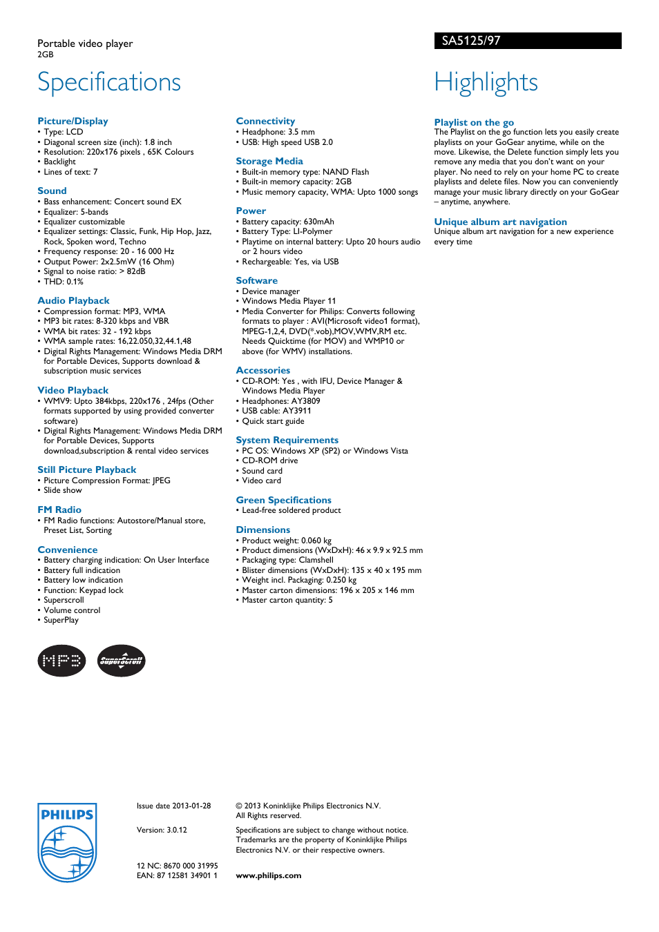 Specifications, Highlights | Philips SA5125/97 User Manual | Page 2 / 2