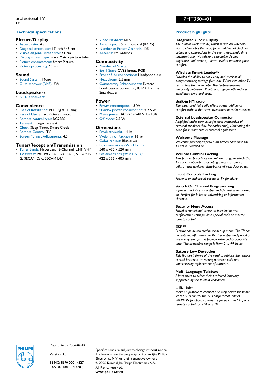 For preview purpose only | Philips 17HT3304 User Manual | Page 2 / 2