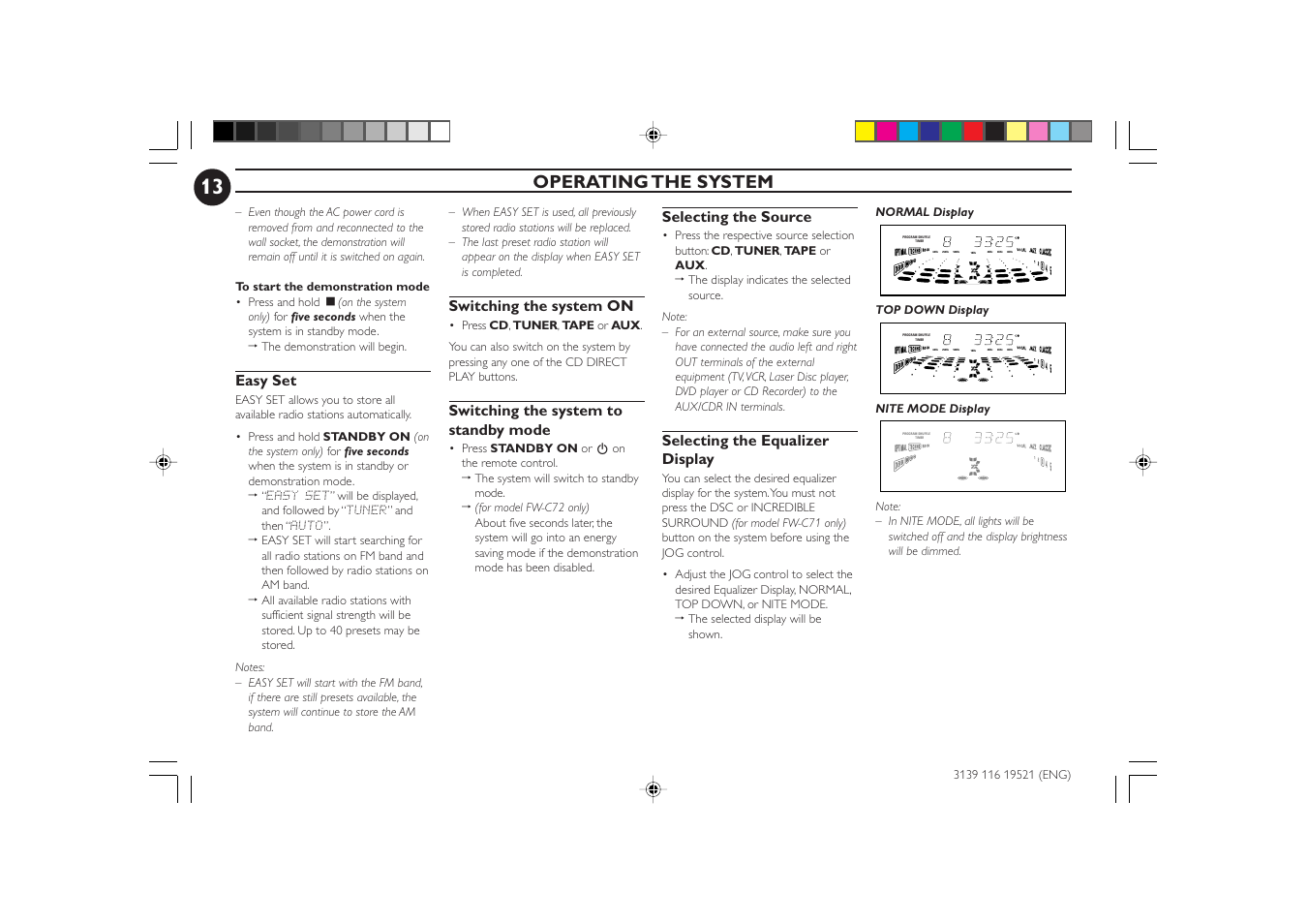 Operating the system, Easy set, Switching the system on | Switching the system to standby mode, Selecting the source, Selecting the equalizer display, Top down display, Nite mode display | Philips FW-C72 User Manual | Page 13 / 29