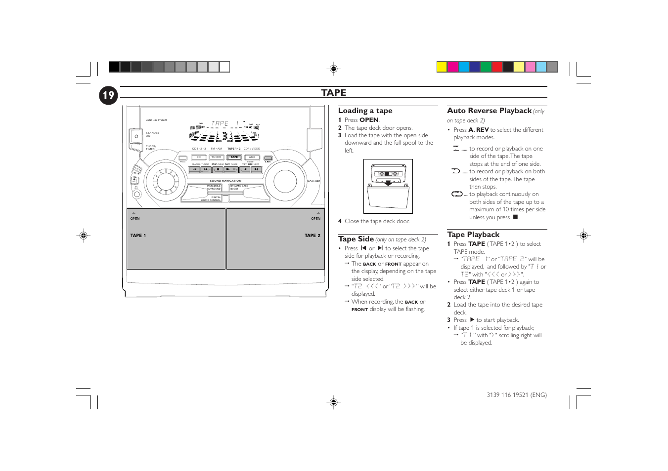 Tape, Loading a tape, Tape side | Auto reverse playback, Tape playback | Philips FW-C72 User Manual | Page 19 / 29