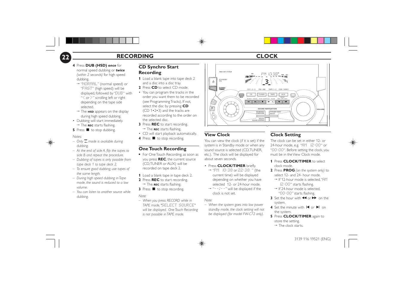 Recording clock, View clock, Clock setting | Cd synchro start recording, One touch recording | Philips FW-C72 User Manual | Page 22 / 29