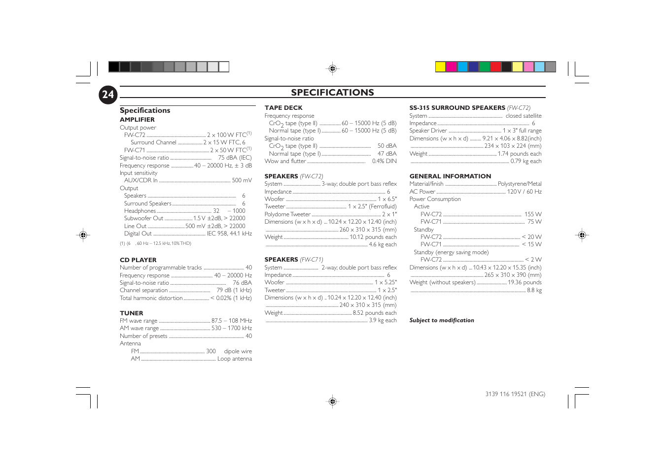 Specifications | Philips FW-C72 User Manual | Page 24 / 29