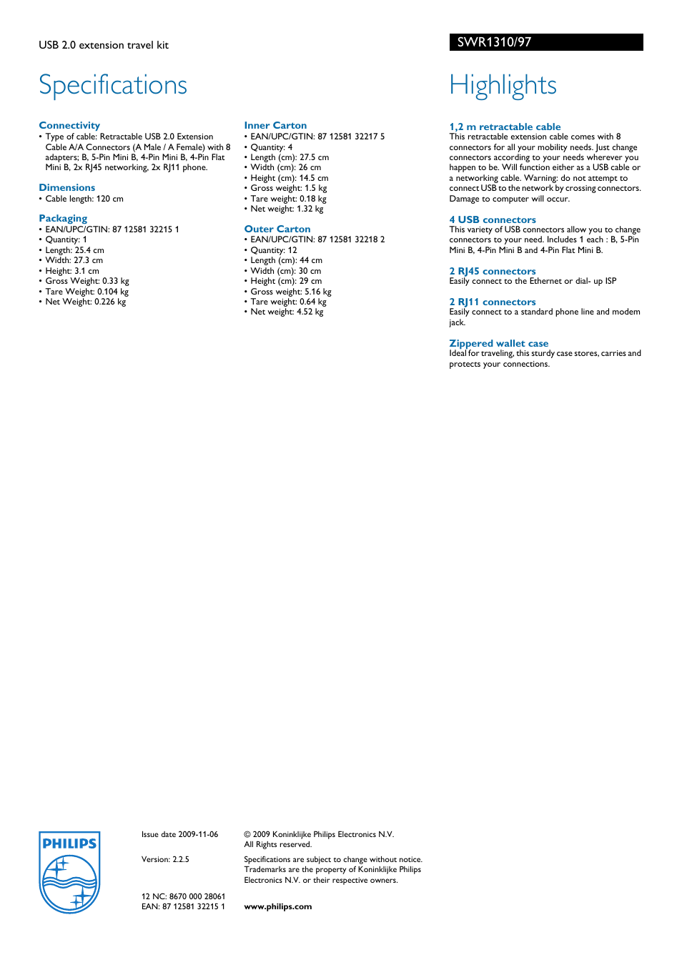 Specifications, Highlights | Philips SWR1310 User Manual | Page 2 / 2