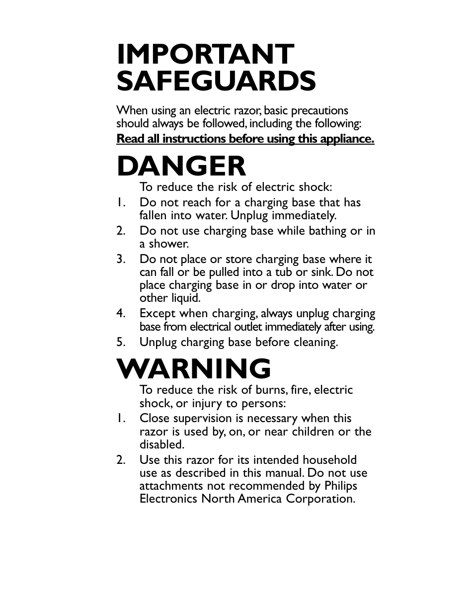 Important safeguards, Danger, Warning | Philips 5616X User Manual | Page 2 / 17
