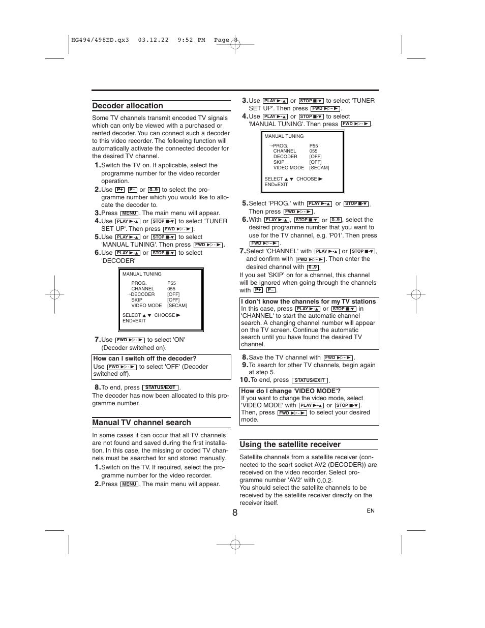 Decoder allocation, Manual tv channel search, Using the satellite receiver | Philips VR750/58 User Manual | Page 8 / 24