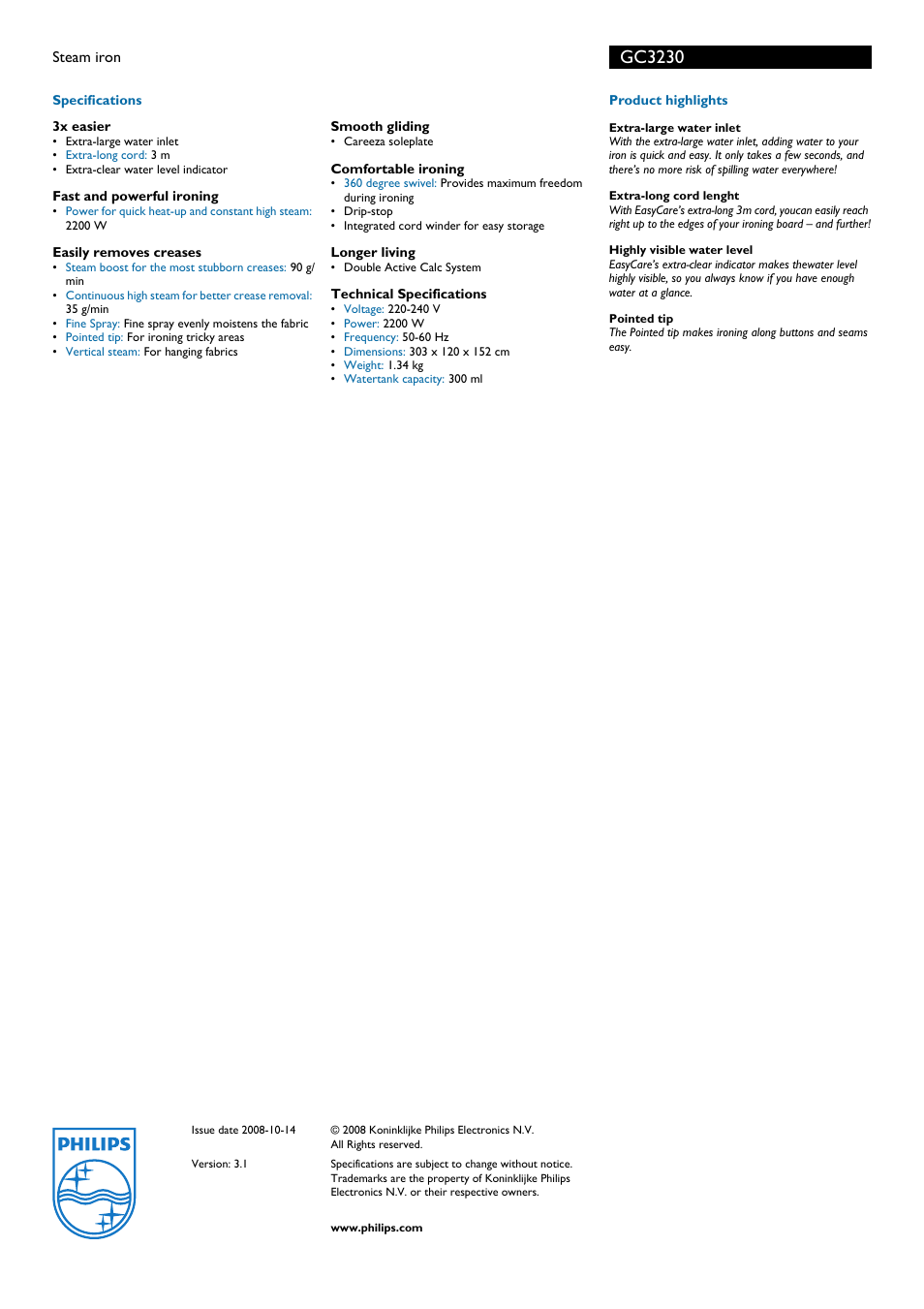 Gc3230 | Philips GC3230  EN User Manual | Page 2 / 2
