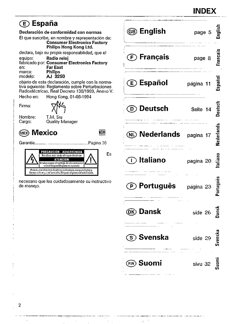 Cd españa, Declaración de conformidad con normas, English | Cd français, Cd español, Cd deutsch, Pago 5 o), Seite 14 3, Mexico, Cd italiano | Philips AJ 3250 User Manual | Page 2 / 9