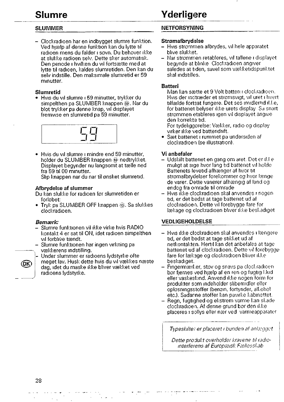Netforsyniimg, Siumretid, Afbrydelse af slummer | Stromafbrydelse, Batteri, Vi anbefaler, Vedligeholdelse, Slumre yderligere | Philips AJ 3250 User Manual | Page 7 / 9