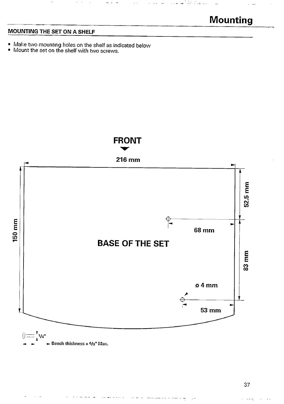 Mounting the set on a shelf, Mounting, Front | Philips AJ 3250 User Manual | Page 8 / 9