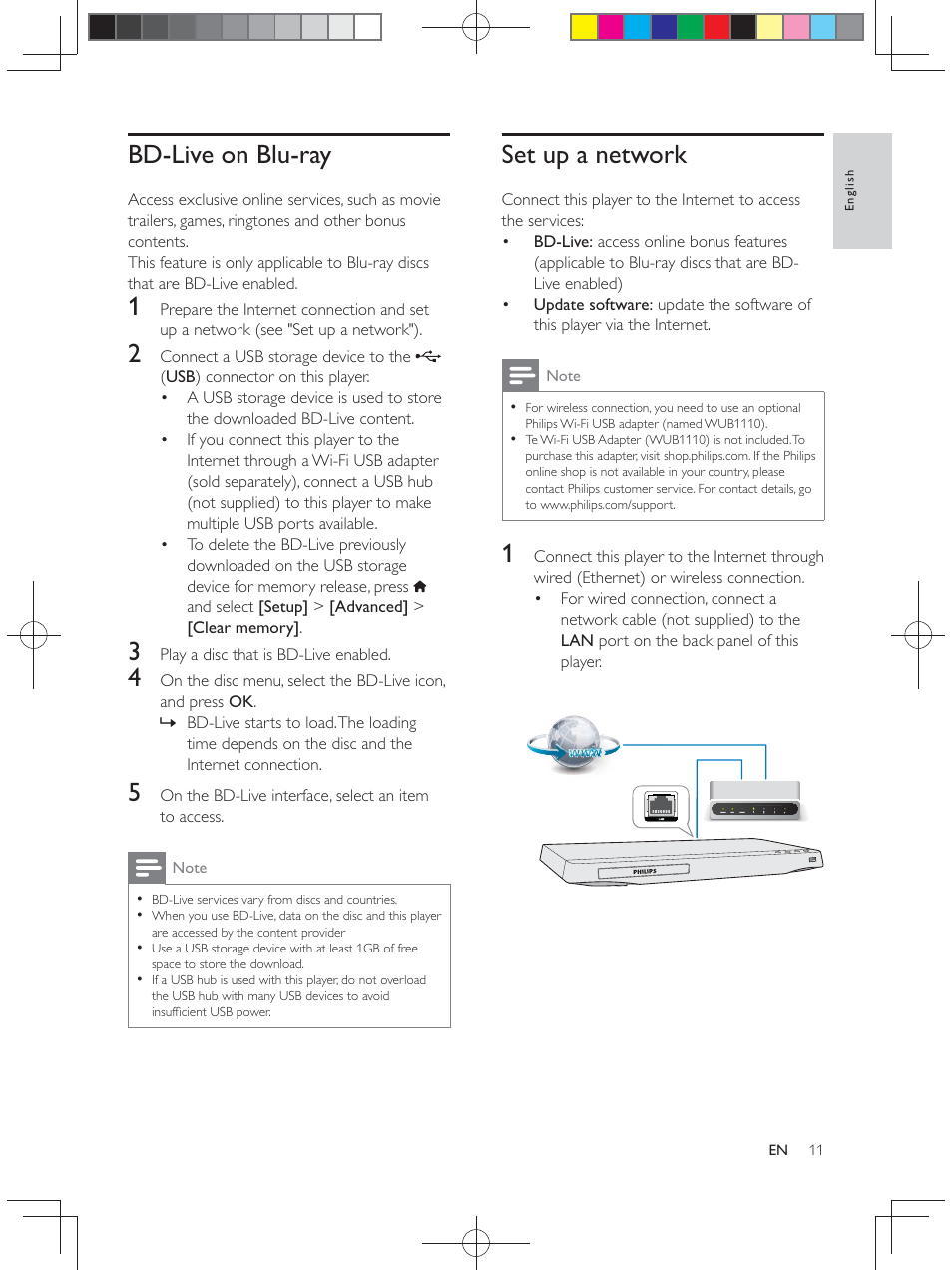 Bd-live on blu-ray, Set up a network | Philips BDP2900 User Manual | Page 11 / 25