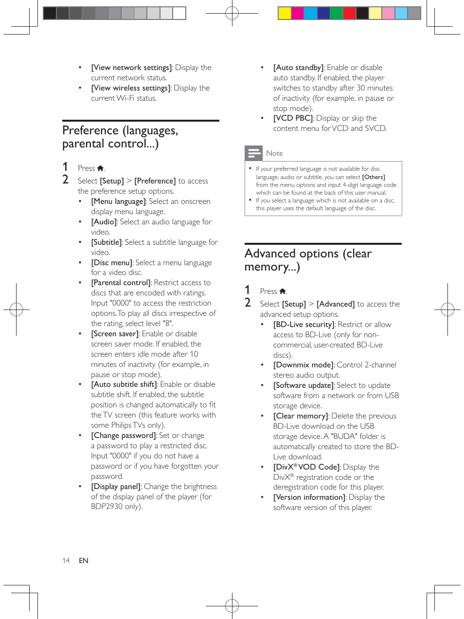 Preference (languages, parental control...) 1 | Philips BDP2900 User Manual | Page 14 / 25