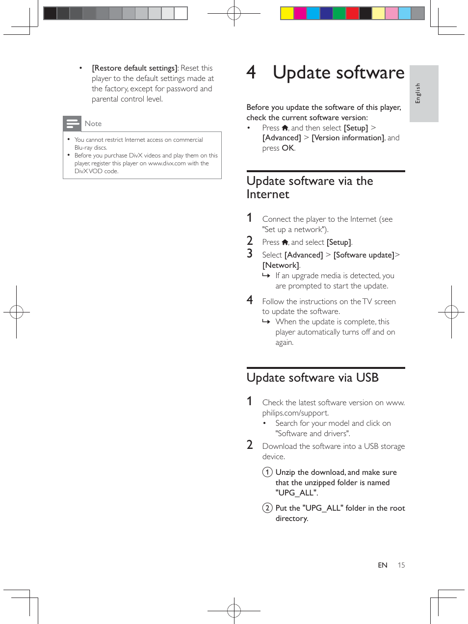 4 update software, Update software via the internet 1, Update software via usb 1 | Philips BDP2900 User Manual | Page 15 / 25