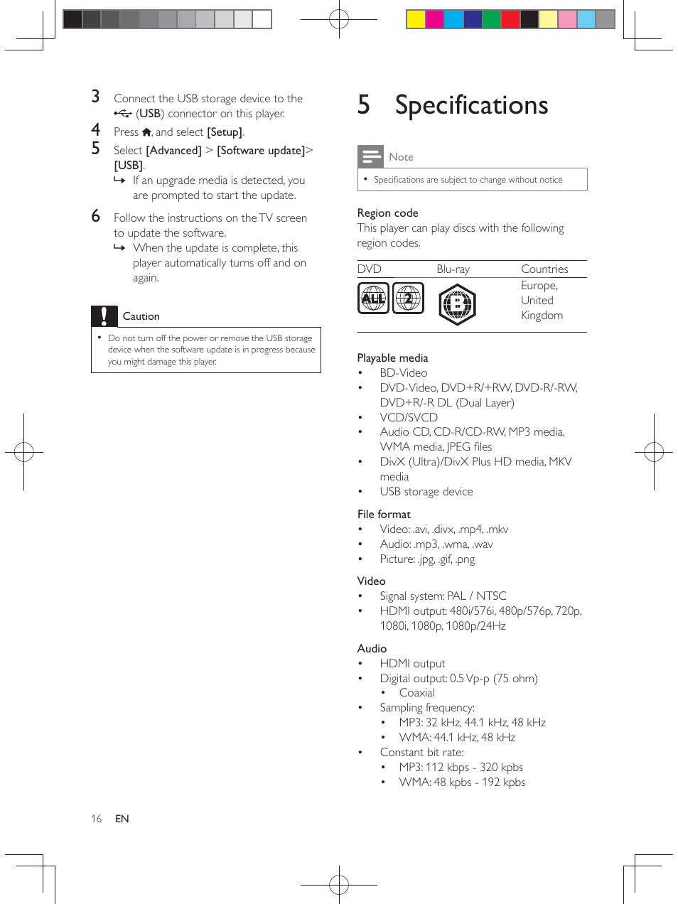 5 specifications | Philips BDP2900 User Manual | Page 16 / 25