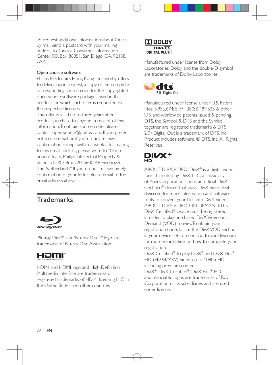 Trademarks | Philips BDP2900 User Manual | Page 22 / 25