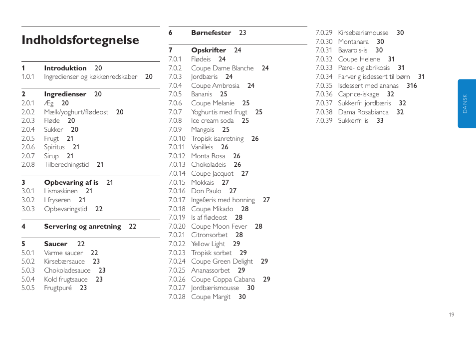 Indholdsfortegnelse | Philips HR2305 User Manual | Page 19 / 84