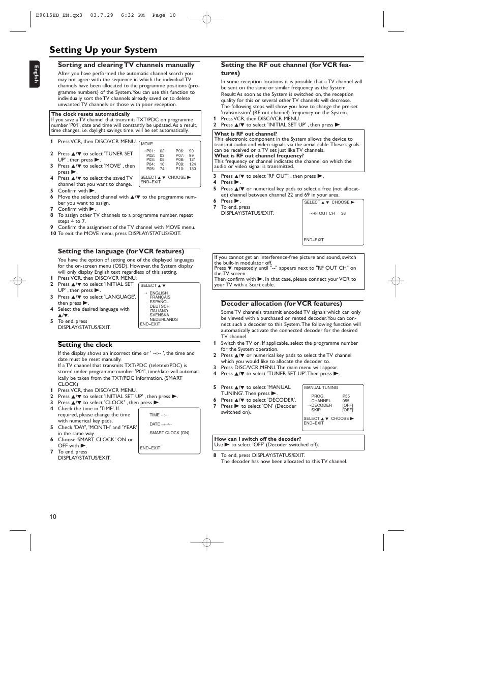 Setting up your system, Setting the clock, Setting the rf out channel (for vcr fea- tures) | Decoder allocation (for vcr features), Sorting and clearing tv channels manually, Setting the language (for vcr features) | Philips ShowView E9015ED User Manual | Page 10 / 24