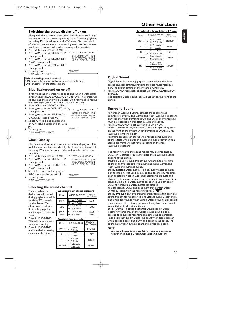 Other functions, Switching the status display off or on, Blue background on or off | Clock display, Selecting the sound channel, Digital sound, Surround sound | Philips ShowView E9015ED User Manual | Page 15 / 24