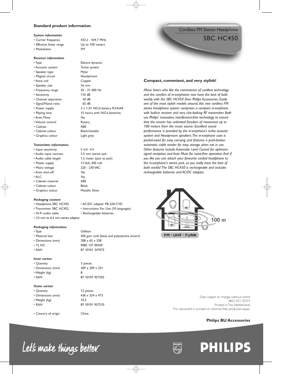 Sbc hc450, P , @ p cordless fm stereo headphone | Philips SBC HC450 User Manual | Page 2 / 2