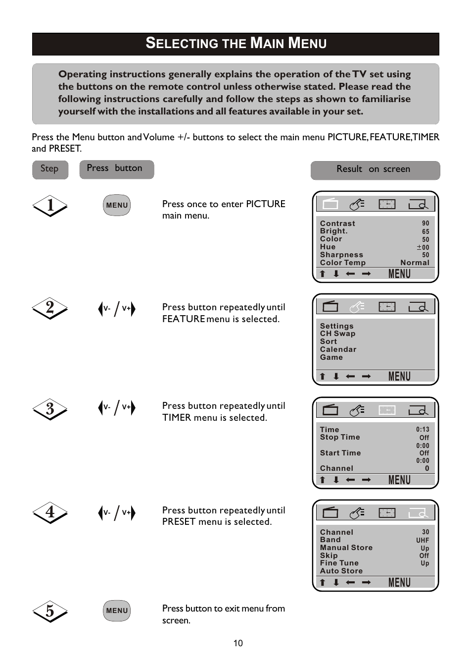 Menu, Electing the | Philips 14PT2110 User Manual | Page 10 / 28