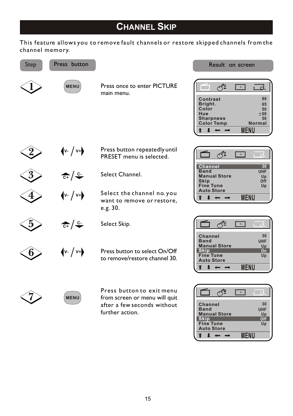 Menu, Hannel | Philips 14PT2110 User Manual | Page 15 / 28