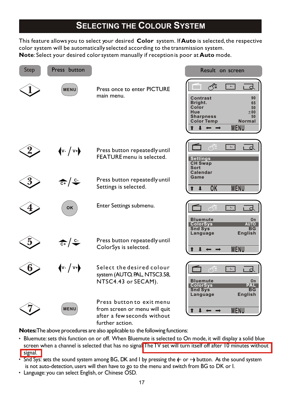 Menu, Electing the, Olour | Ystem | Philips 14PT2110 User Manual | Page 17 / 28