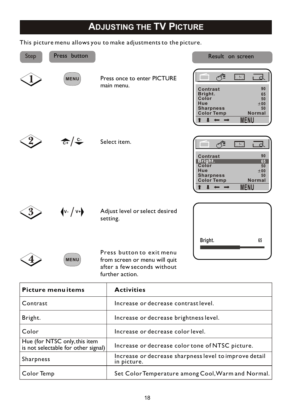 Tv p, Menu, Djusting the | Icture | Philips 14PT2110 User Manual | Page 18 / 28