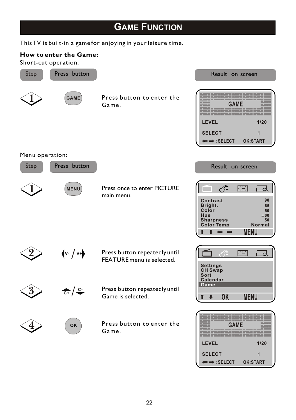 Menu, Unction | Philips 14PT2110 User Manual | Page 22 / 28