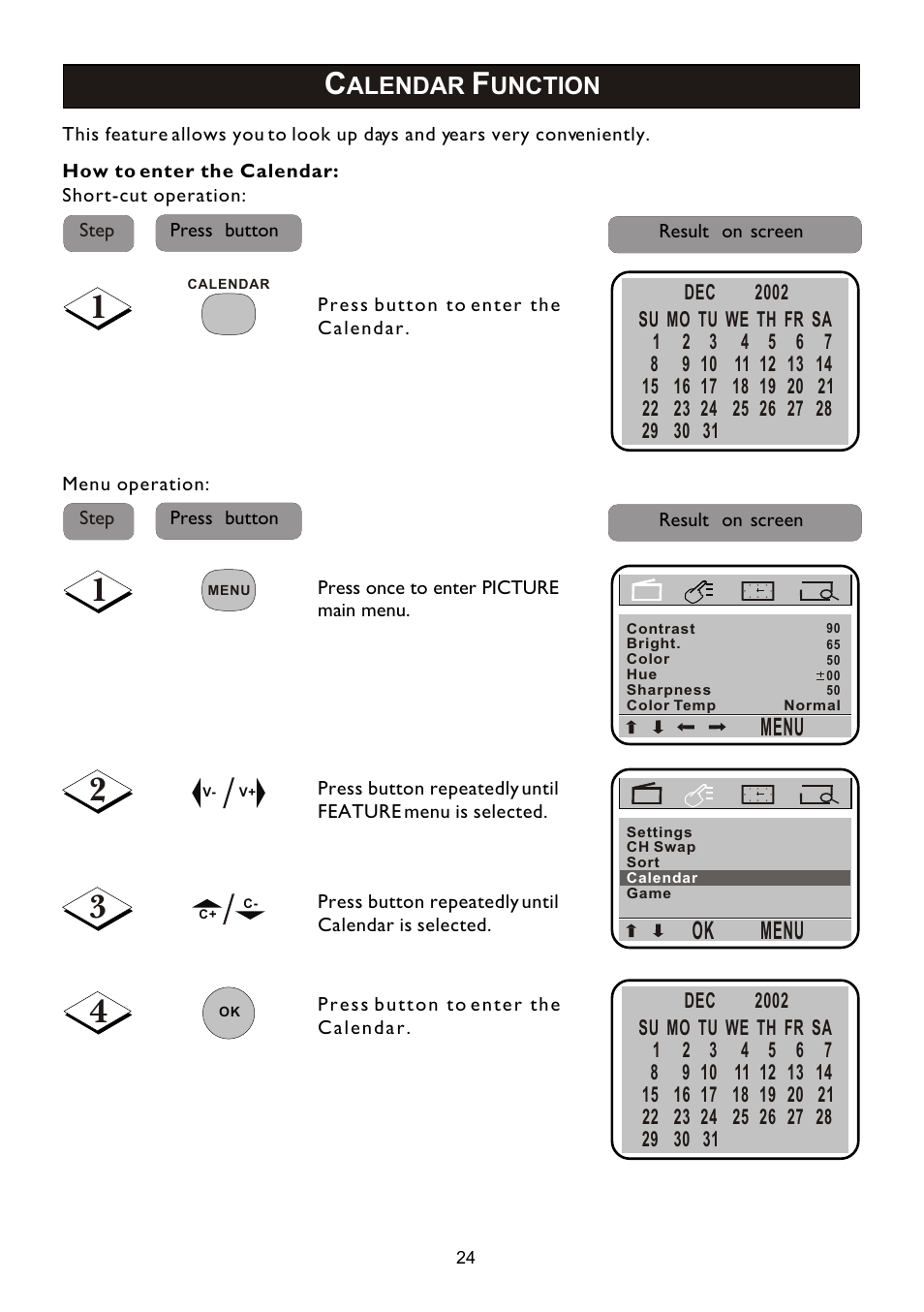 Menu, Alendar, Unction | Philips 14PT2110 User Manual | Page 24 / 28