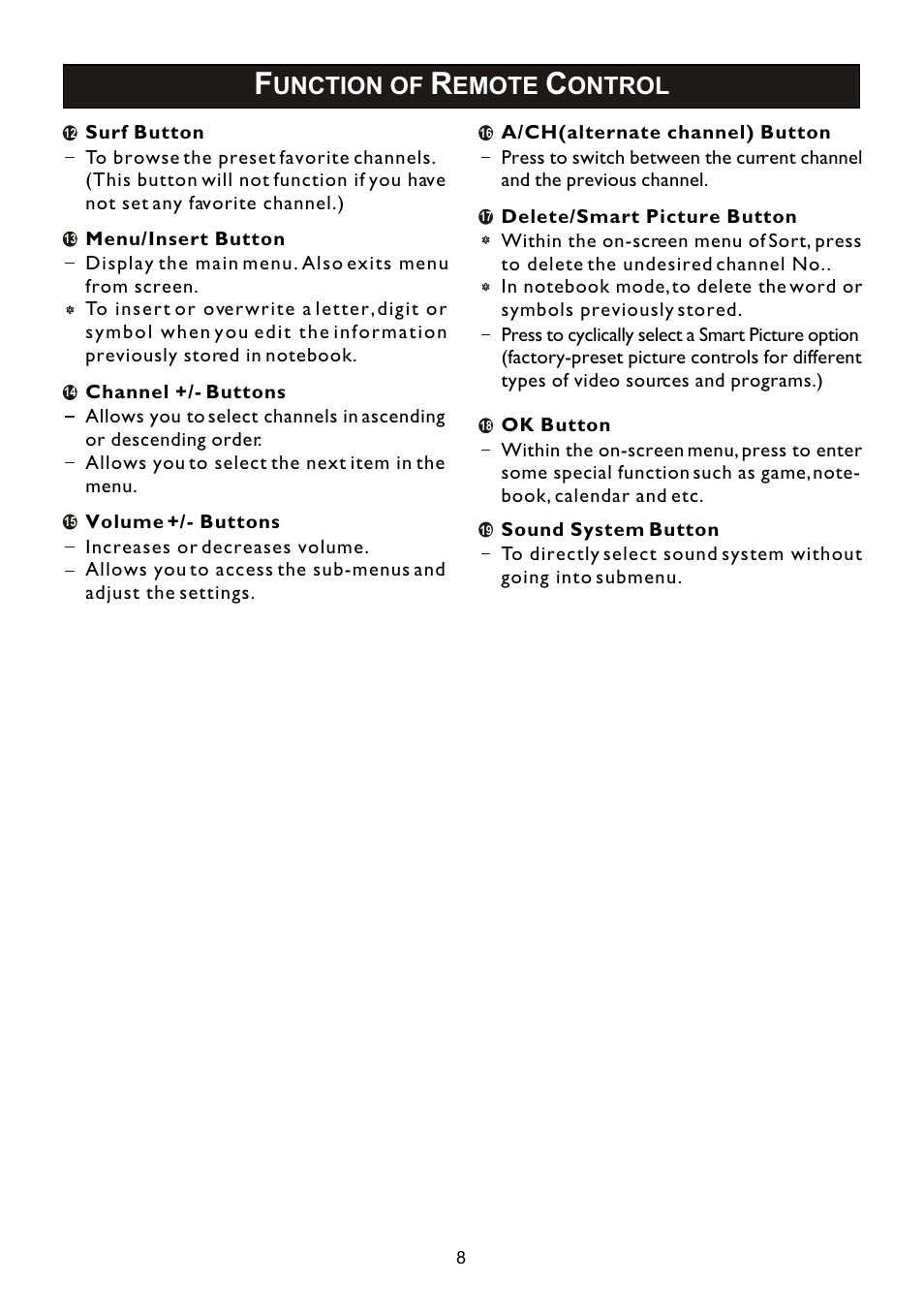 Unction of, Emote, Ontrol | Philips 14PT2110 User Manual | Page 8 / 28