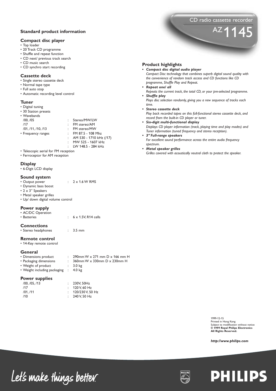 Cd radio cassette recorder | Philips 1145AZ User Manual | Page 2 / 2