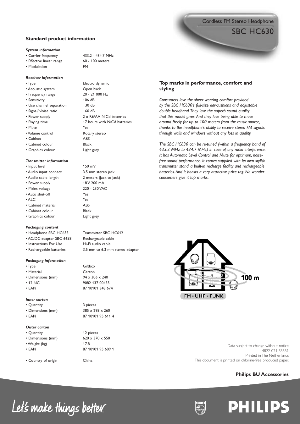 Sbc hc630, Cordless fm stereo headphone, Standard product information | Philips SBC HC630 User Manual | Page 2 / 2