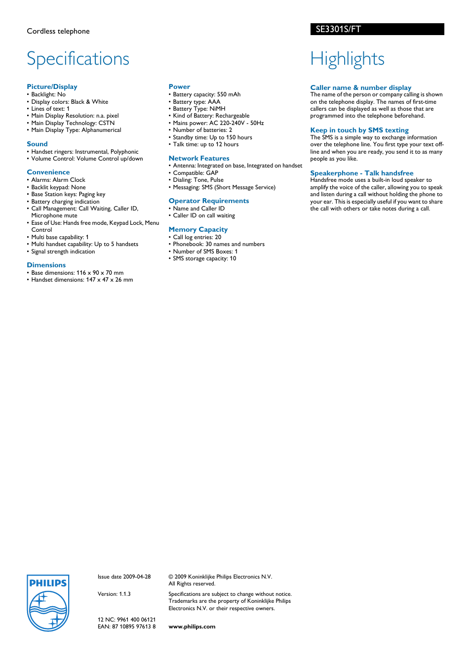 Specifications, Highlights, Se3301s/ft | Philips SE3301S User Manual | Page 2 / 2